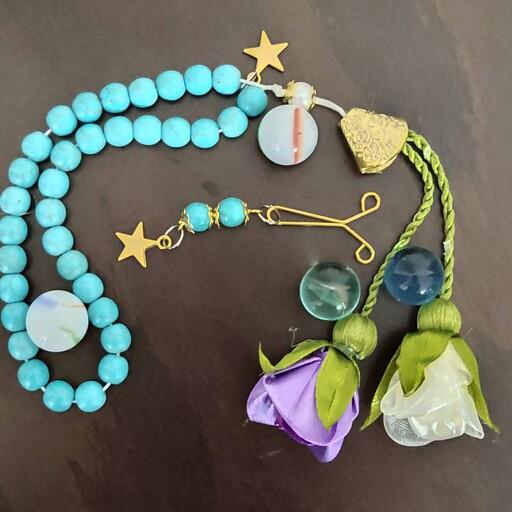 تسبیح سی وسه عددی فیروزه ای همراه با گیره روسری ست